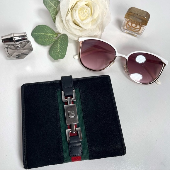 Vintage Gucci Jackie Suede Leather Sherry striped double sided compact wallet - Picture 1 of 15